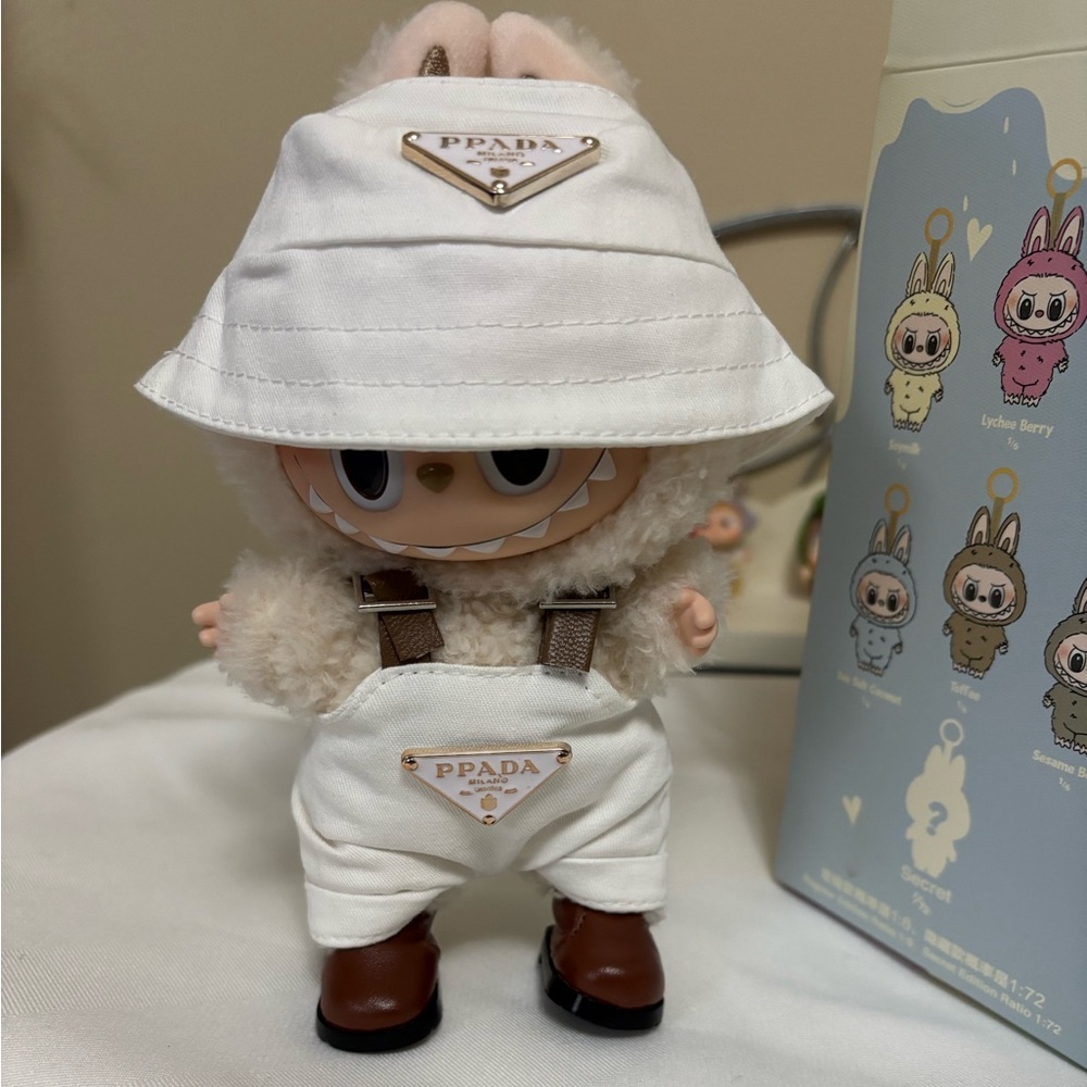 White and Brown Prada Labubu Overalls and boots